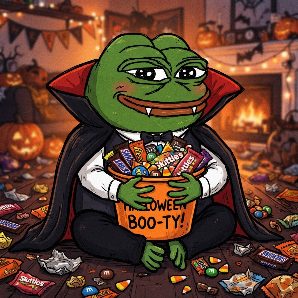 Vampire Pepe hugging an overflowing bucket of Halloween candy