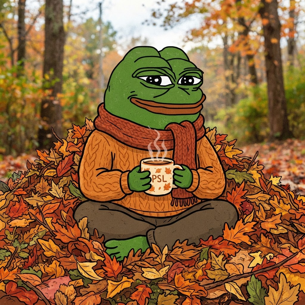 Pepe in a cozy sweater with a pumpkin spice latte in a pile of autumn leaves