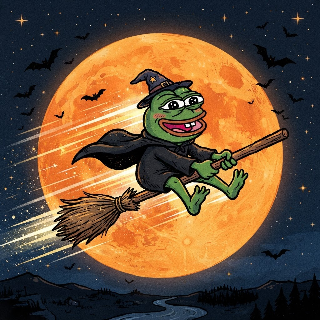 Pepe riding a broomstick across a giant orange harvest moon